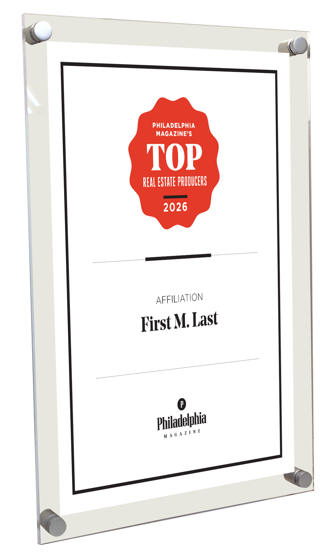 Philadelphia magazine Top Real Estate Producers - Acrylic Standoff Plaque