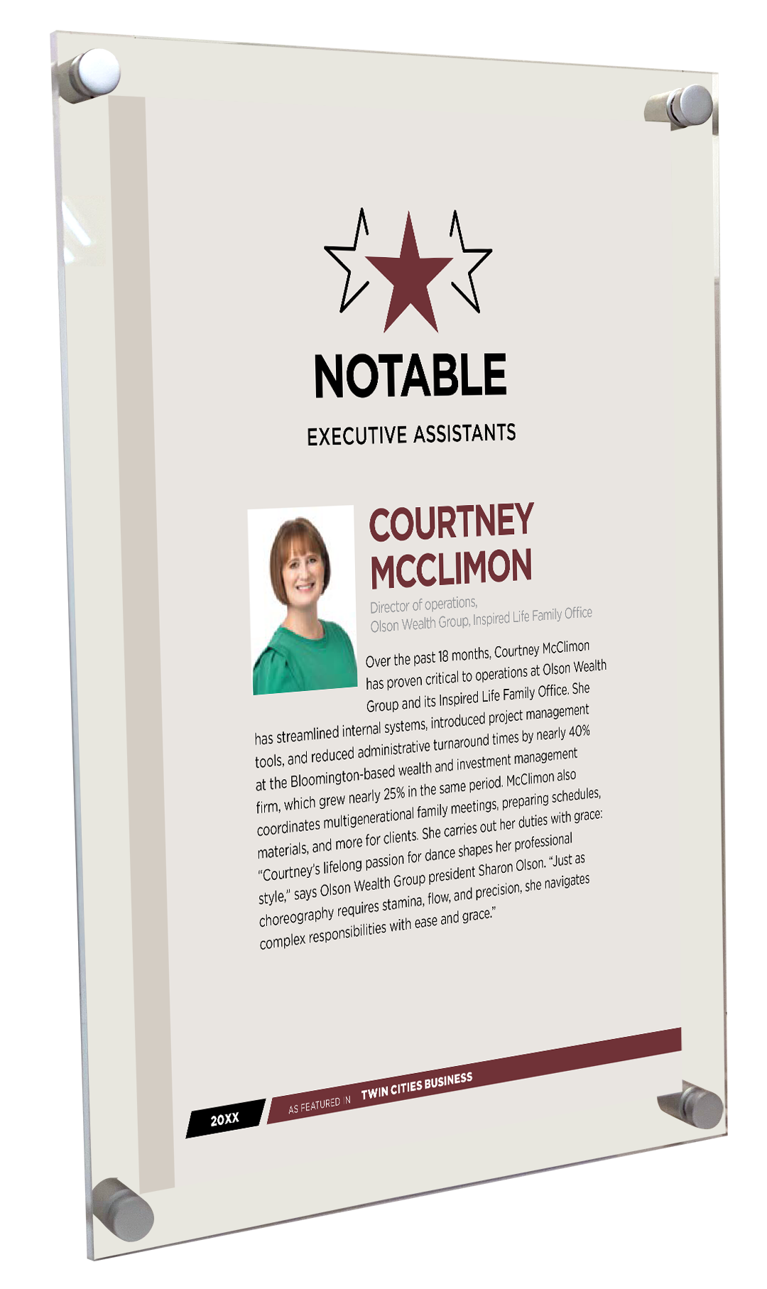 Twin Cities Business Notable Award Plaque - Acrylic Standoff