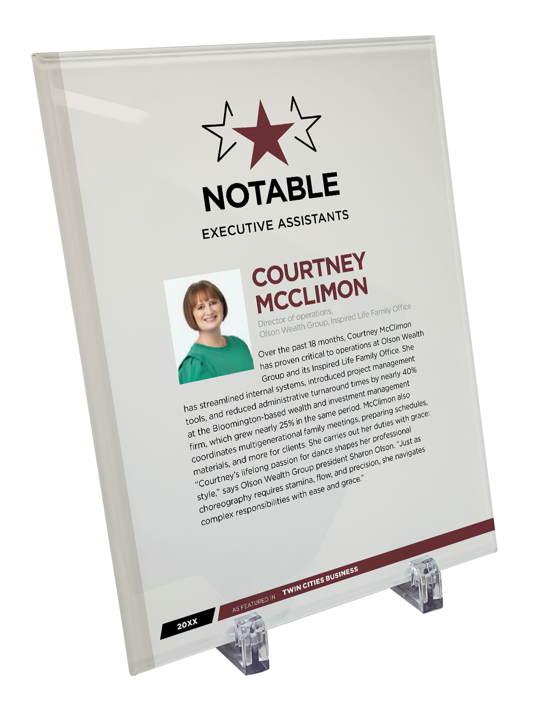Twin Cities Business Notable Award Plaque - Crystal Glass