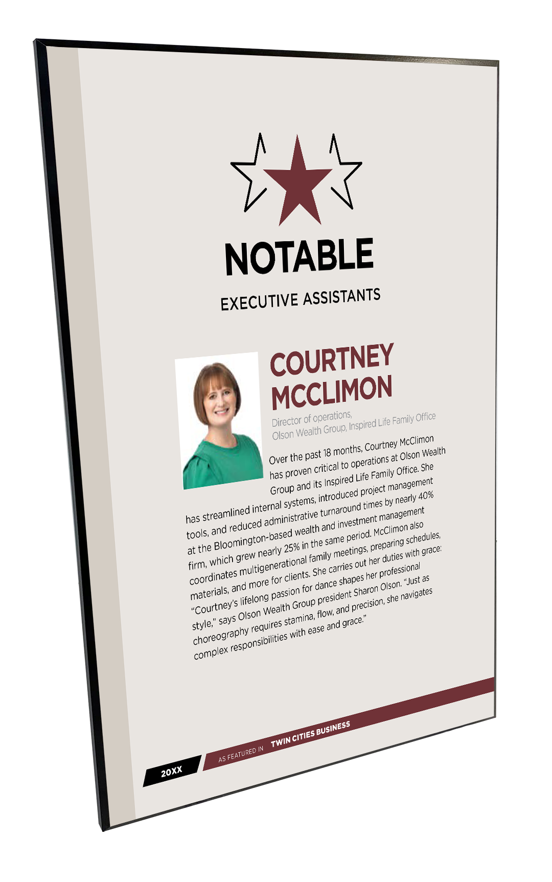 Twin Cities Business Notable Award Plaque - Modern Wood Mount