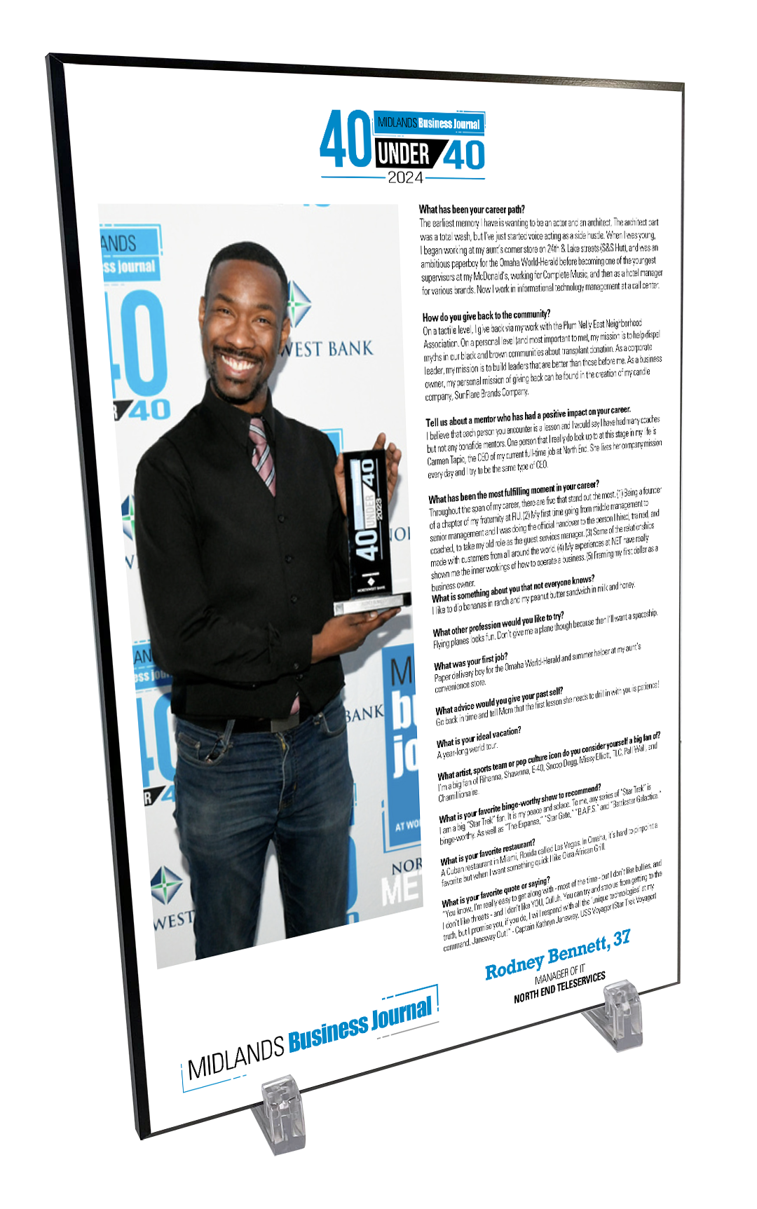 Midlands Business Journal 40 Under 40<br> Plaque