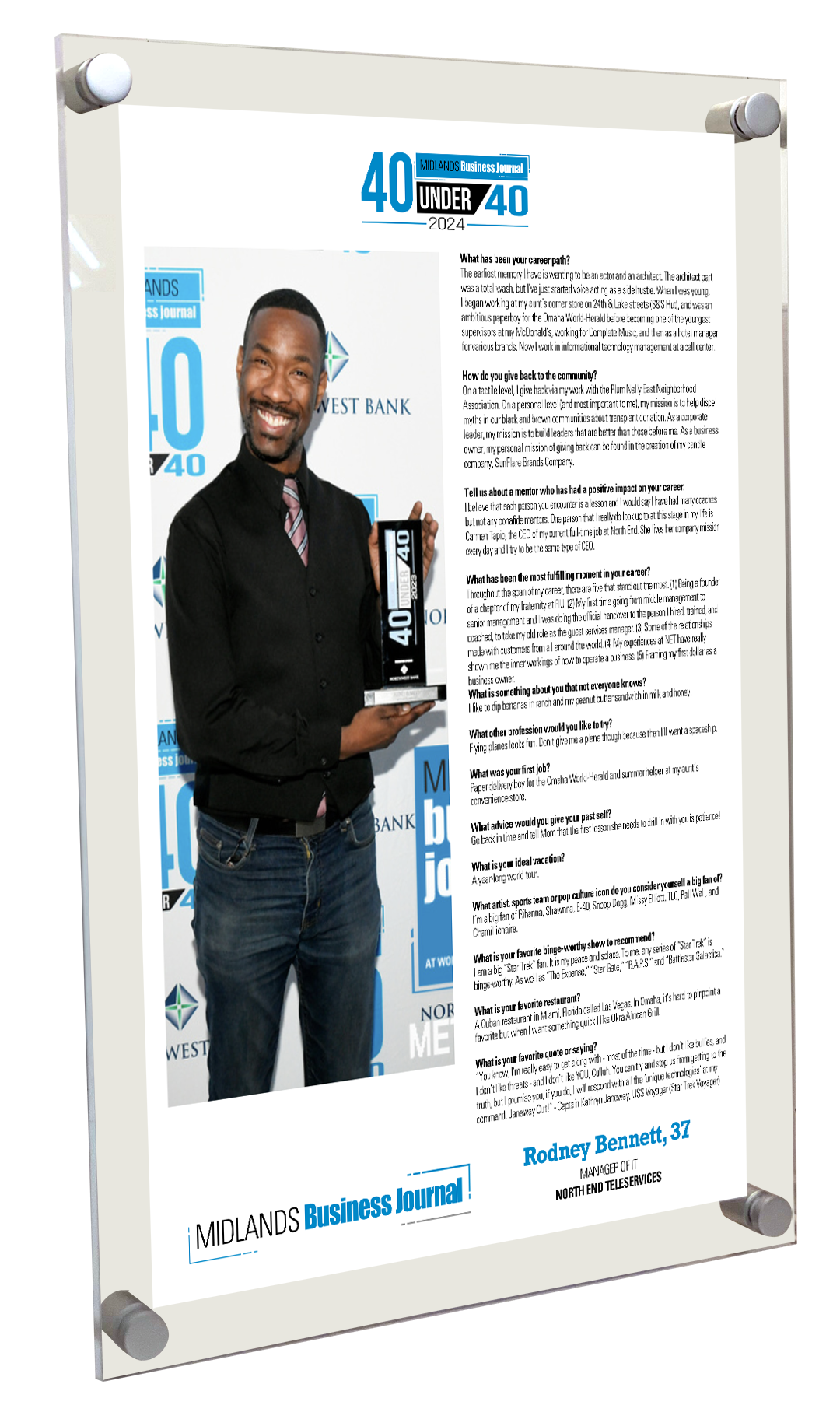 Midlands Business Journal 40 Under 40<br> Plaque