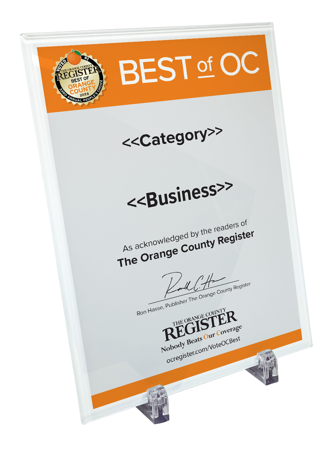 Best Of Orange County Award - Glass Plaque