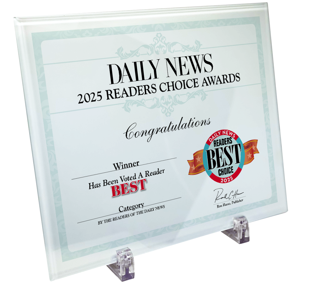 LA Daily News Best Of Certificate and Readers Choice - Crystal Plaque