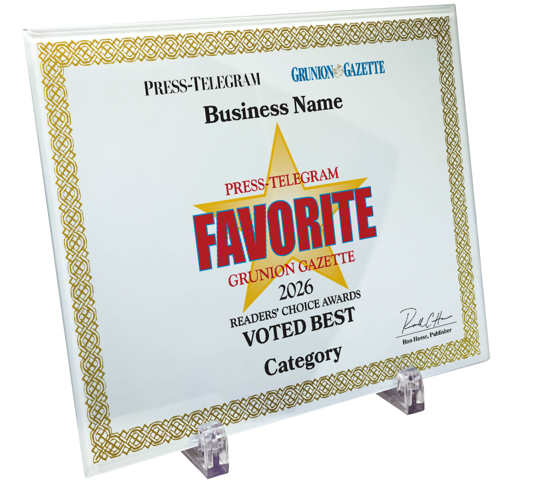 Press Telegram Best Of Certificate and Readers Choice - Crystal Plaque