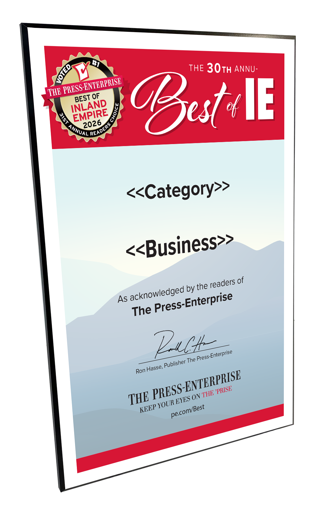 Best of Inland Empire Readers Choice Certificate - Modern Hardi-plaque