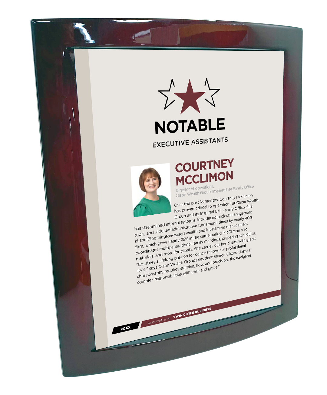 Twin Cities Business Notable Award Plaque - Rosewood with Metal Inlay