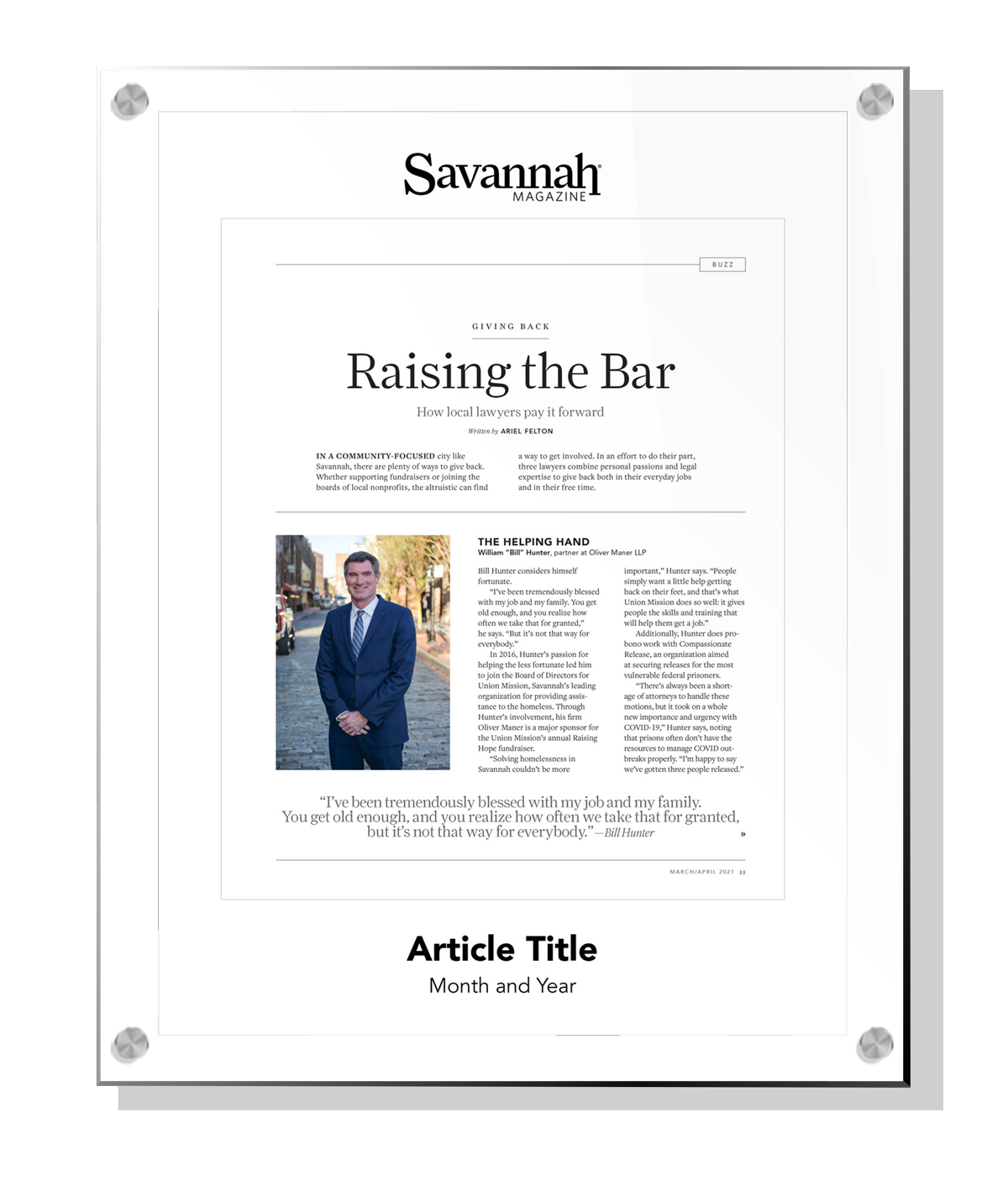 Savannah Magazine Article - Acrylic Standoff Plaque