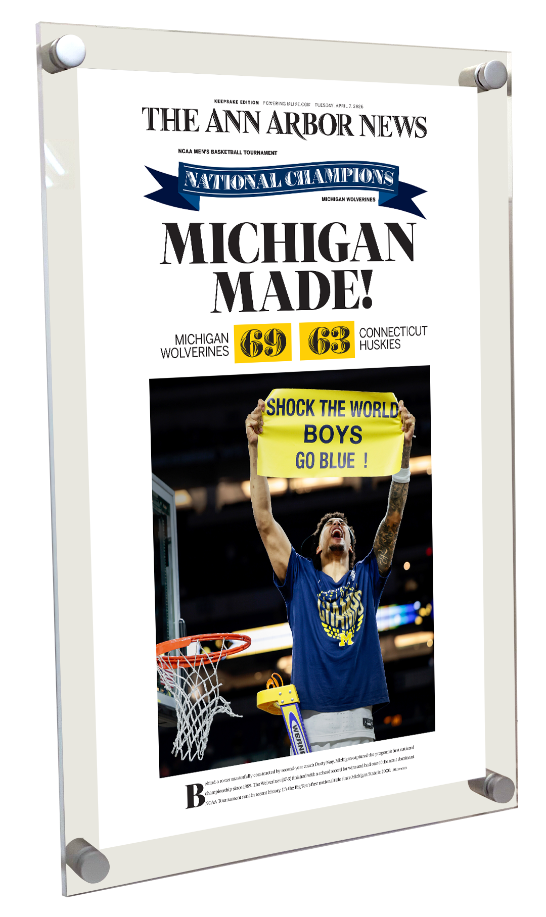 Michigan - 2026 College Basketball National Championship (Ann Arbor News) - Acrylic Plaque