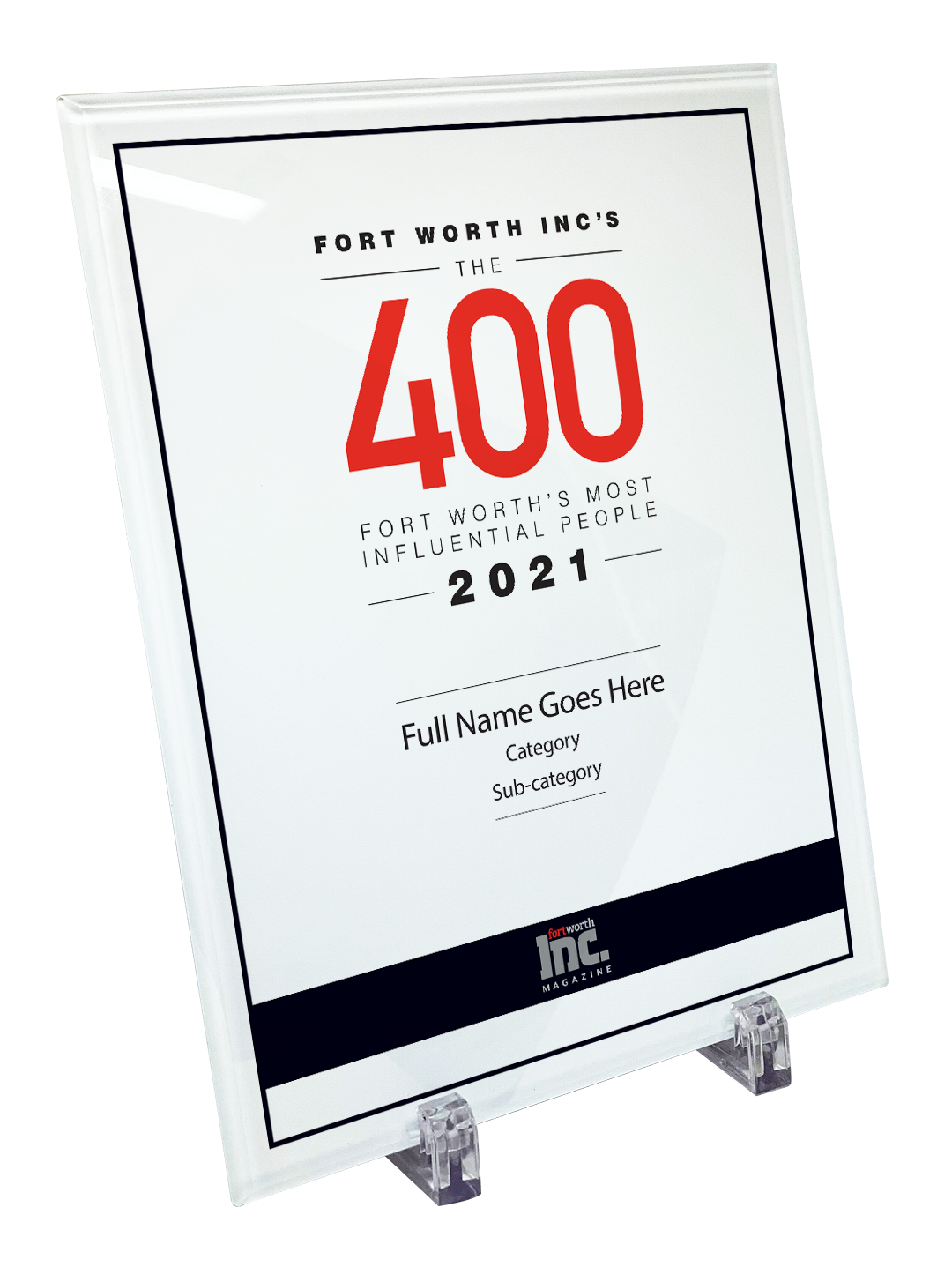 Fort Worth Inc. 400 Award Crystal Glass Plaque