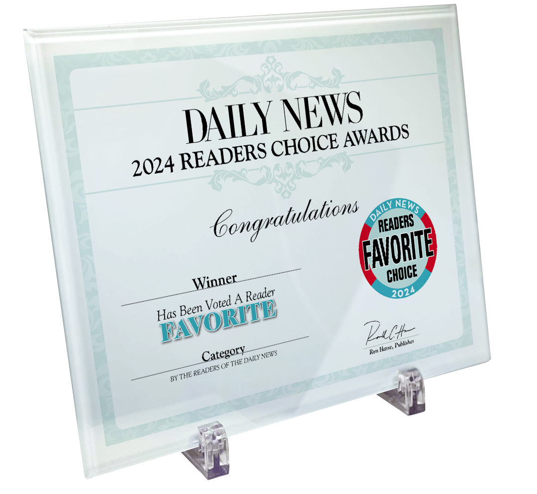 LA Daily News Best Of Certificate and Readers Choice - Crystal Plaque