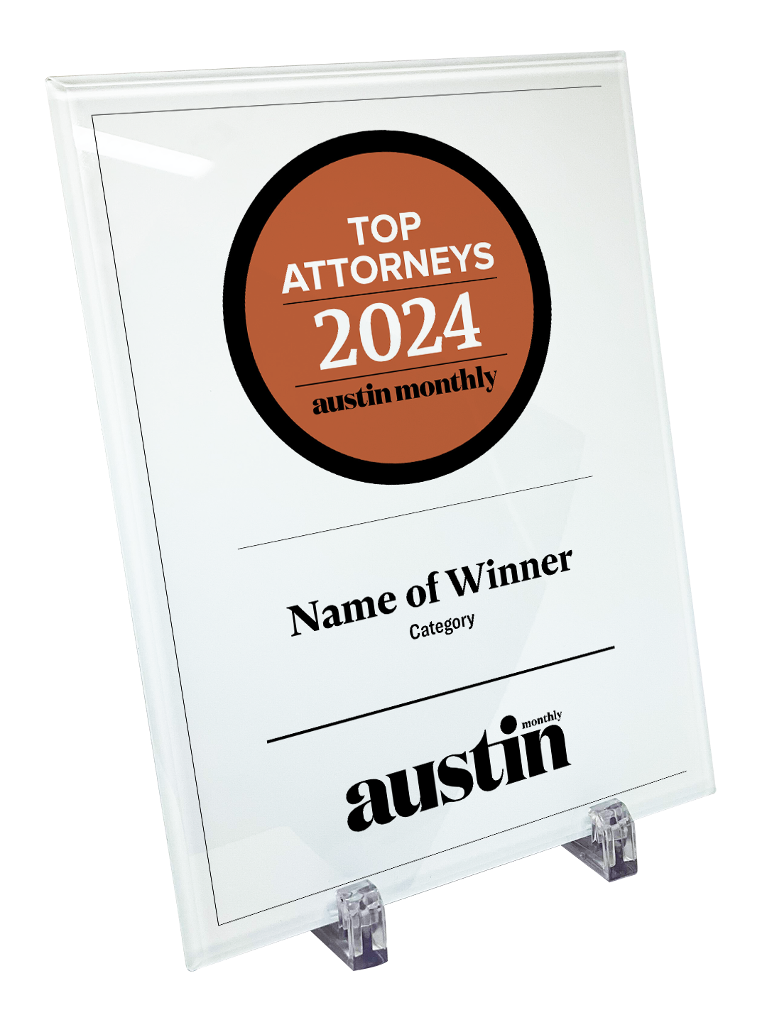 Austin Monthly "Top Attorneys" Glass Cover Award Plaque