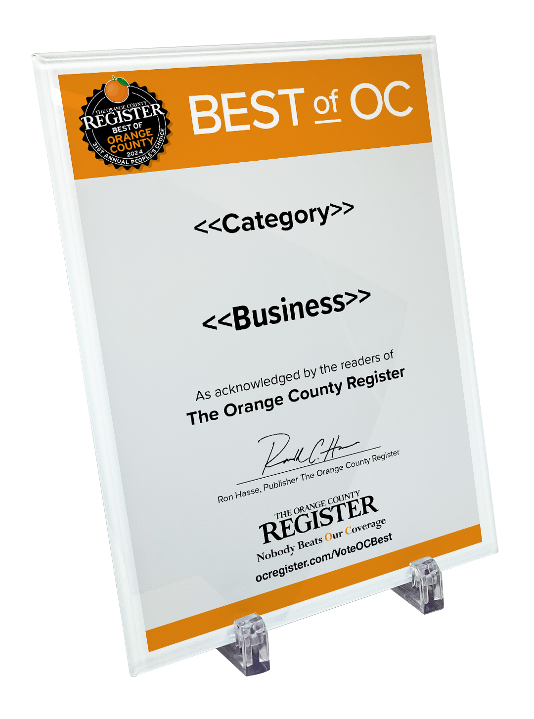 Best Of Orange County Award - Glass Plaque