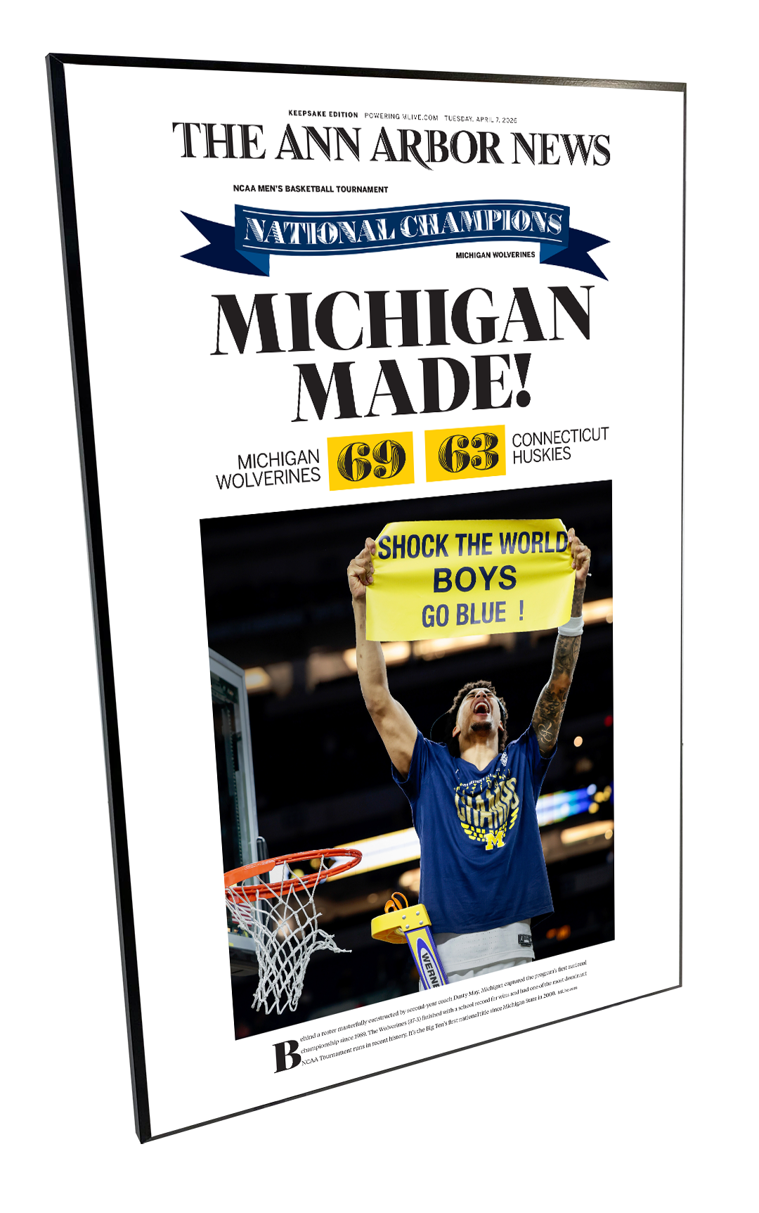 Michigan - 2026 College Basketball National Championship (Ann Arbor News) - Wood Plaque