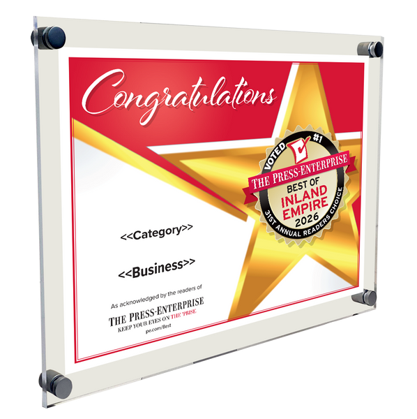 Best of Inland Empire Readers Choice Certificate - 10" x 8" Acrylic Standoff