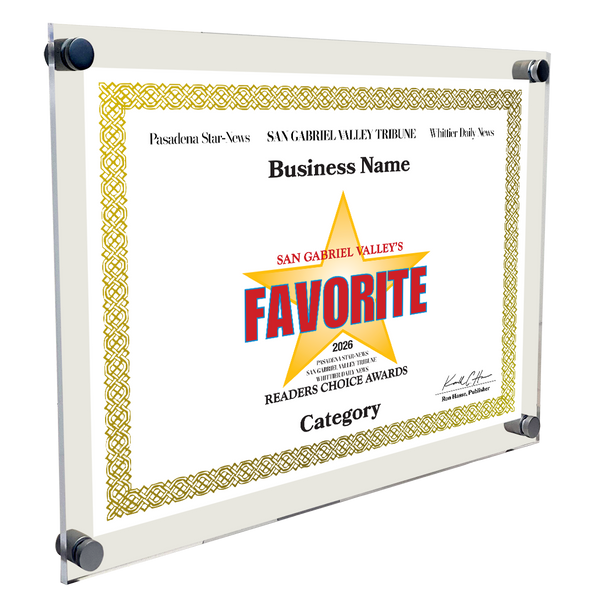 SGVN Best Of and Readers Choice Certificate - 10" x 8" Acrylic Standoff