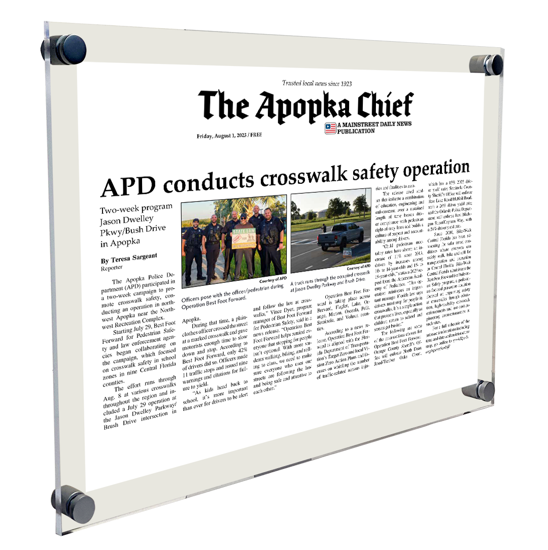 Apopka Chief News Article - Acrylic Standoff Plaque