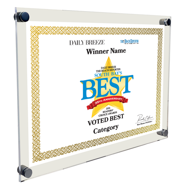 South Bay's Best Of and Readers Choice Certificate - 10" x 8" Acrylic Standoff