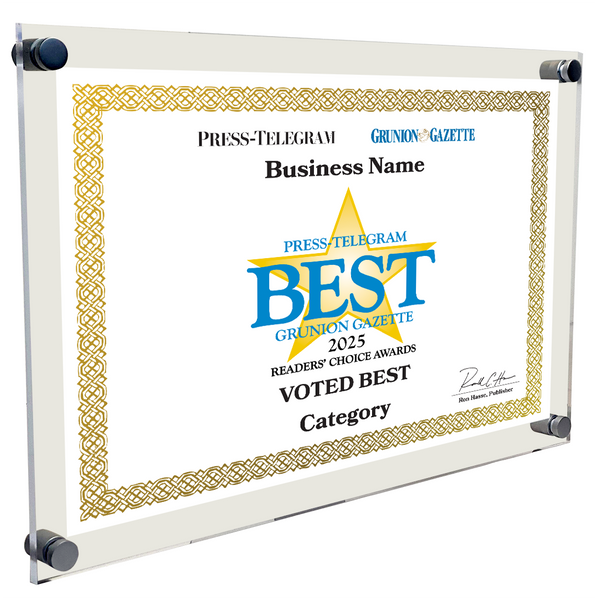 Press Telegram Best Of and Readers Choice Certificate - 10" x 8" Acrylic Standoff