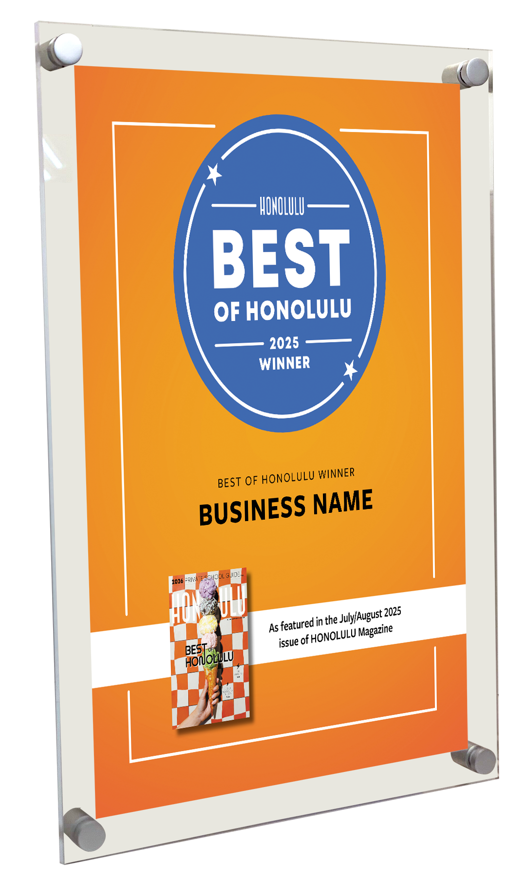 "Best of Honolulu" Award Plaque - Acrylic Standoff