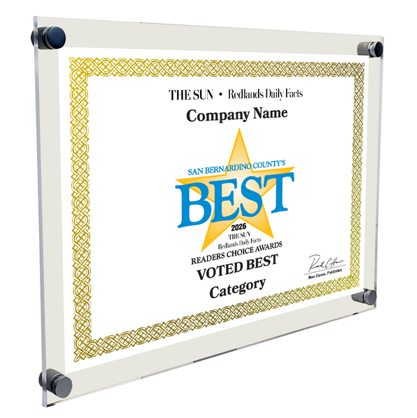 The Sun & Daily Facts Best Of and Readers Choice Certificate - 10" x 8" Acrylic Standoff
