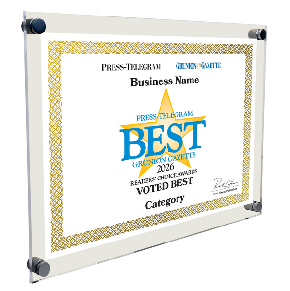 Press Telegram Best Of and Readers Choice Certificate - 10" x 8" Acrylic Standoff