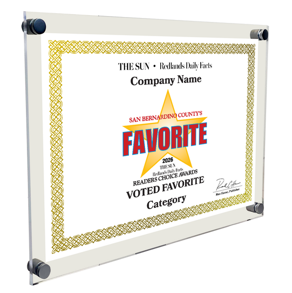 The Sun & Daily Facts Best Of and Readers Choice Certificate - 10" x 8" Acrylic Standoff