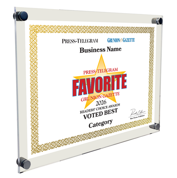 Press Telegram Best Of and Readers Choice Certificate - 10" x 8" Acrylic Standoff