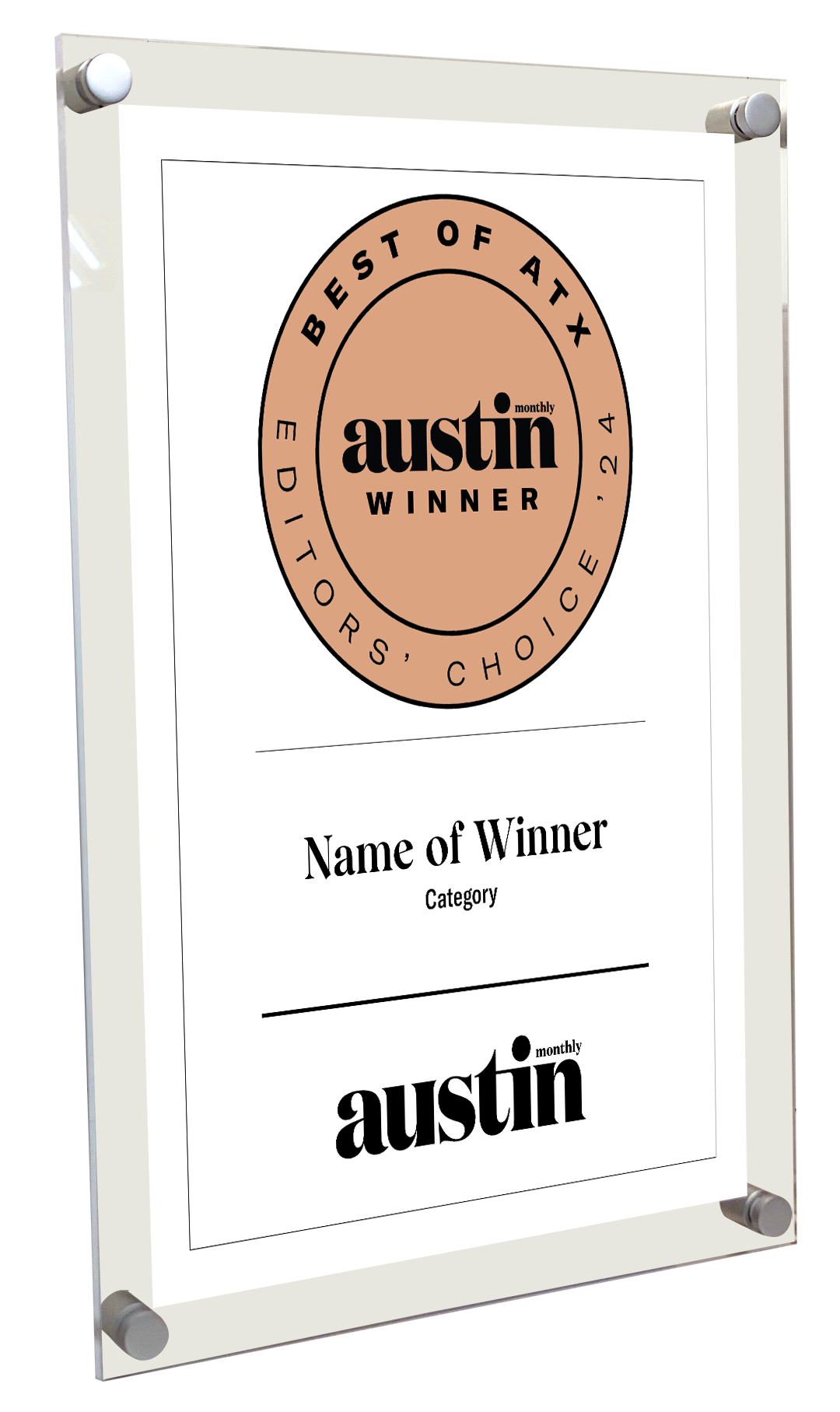 Austin Monthly "Best of ATX Award - Acrylic Standoff Plaque