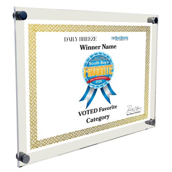 South Bay's Best Of and Readers Choice Certificate - 10" x 8" Acrylic Standoff