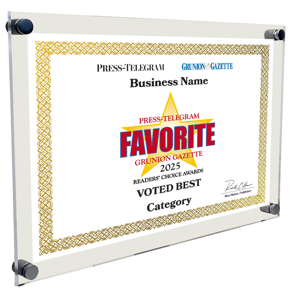 Press Telegram Best Of and Readers Choice Certificate - 10" x 8" Acrylic Standoff