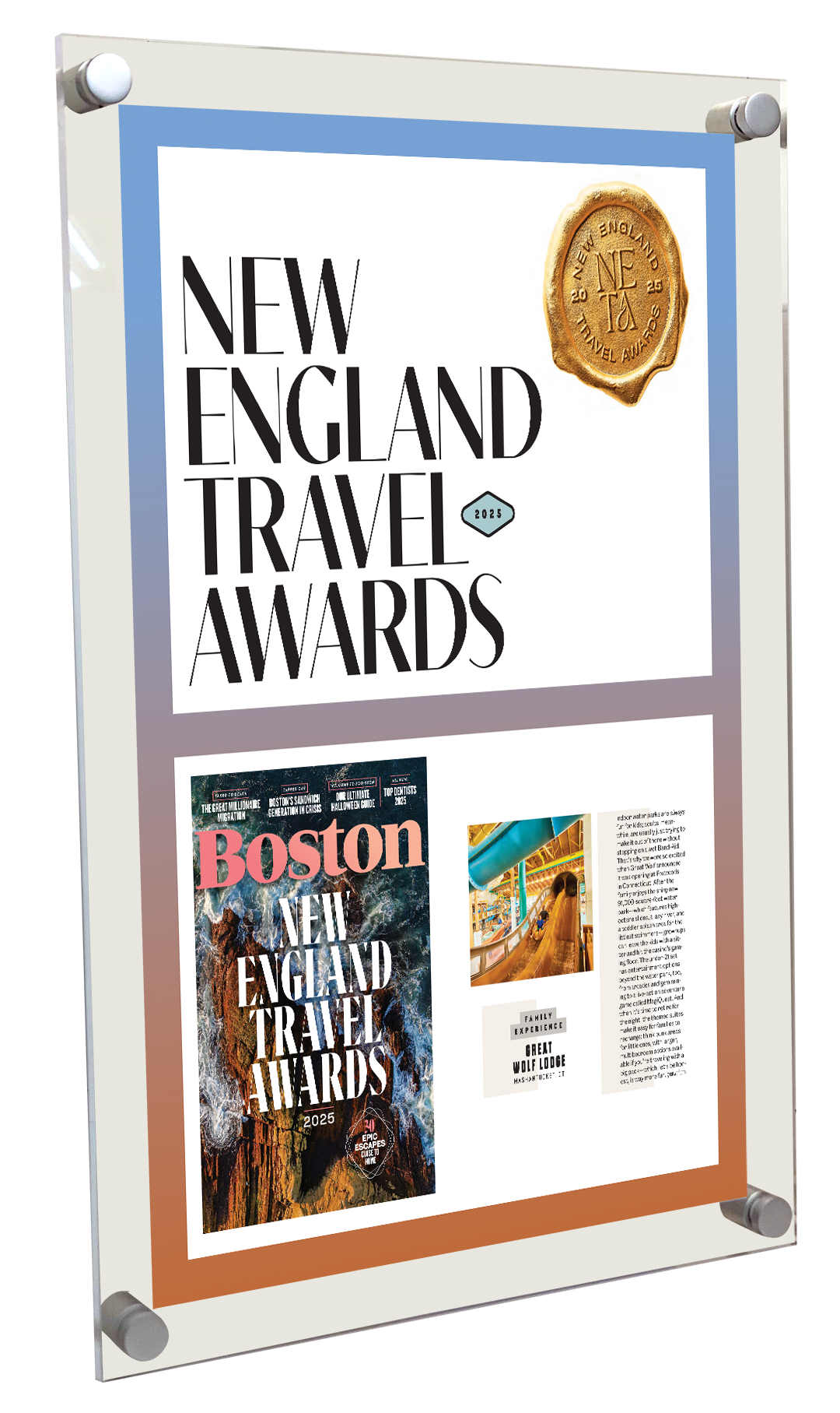"New England Travel Awards" Article Award - Acrylic Standoff Plaque