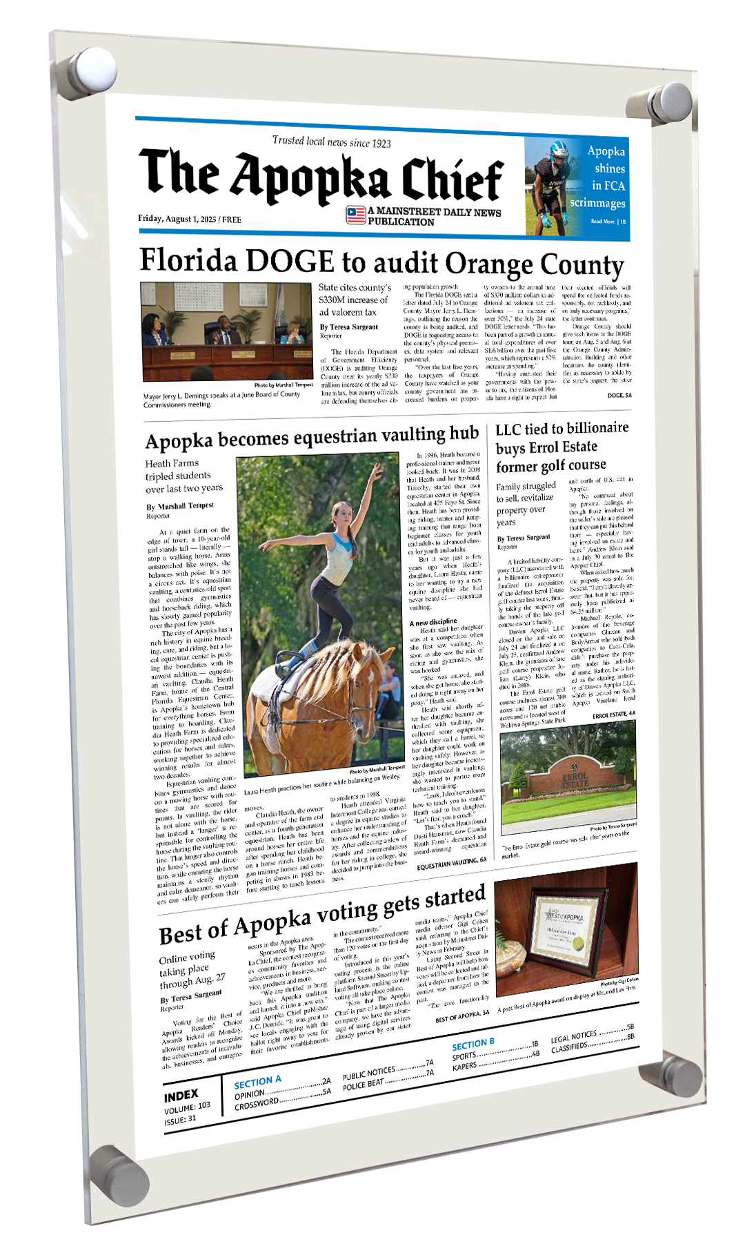 Apopka Chief News Article - Acrylic Standoff Plaque
