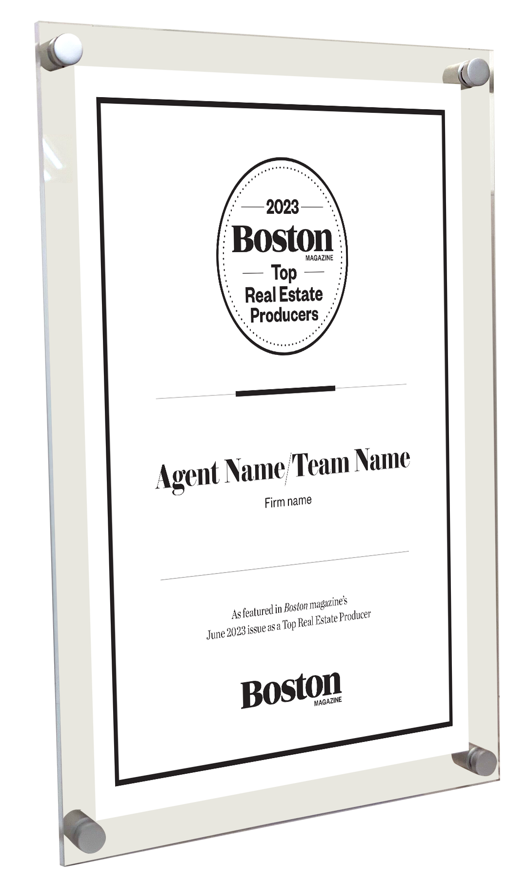 Boston Magazine Top Real Estate Producers - Acrylic Standoff Plaque