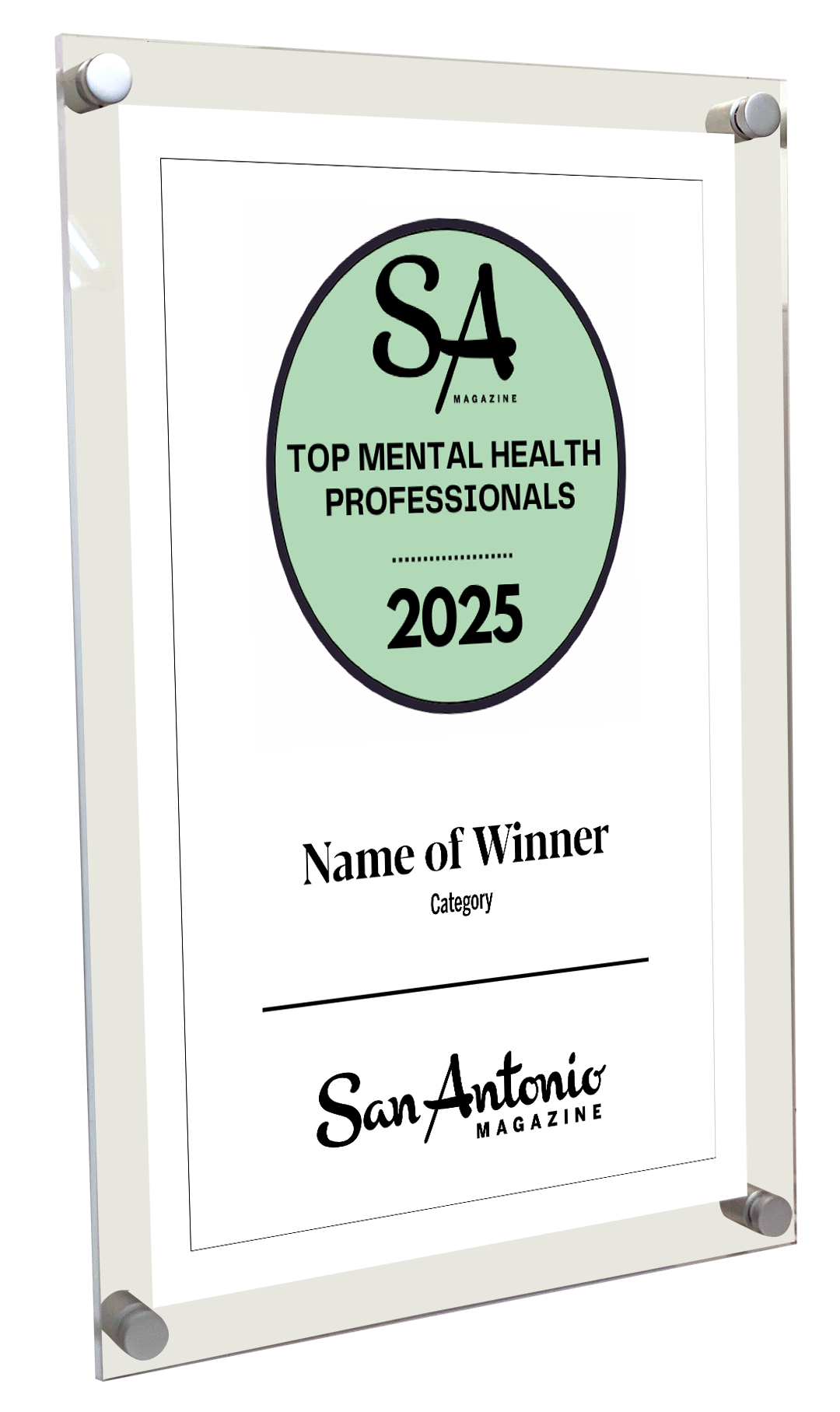 San Antonio Magazine "Top Mental Health Professionals" Award - Acrylic Standoff Plaque