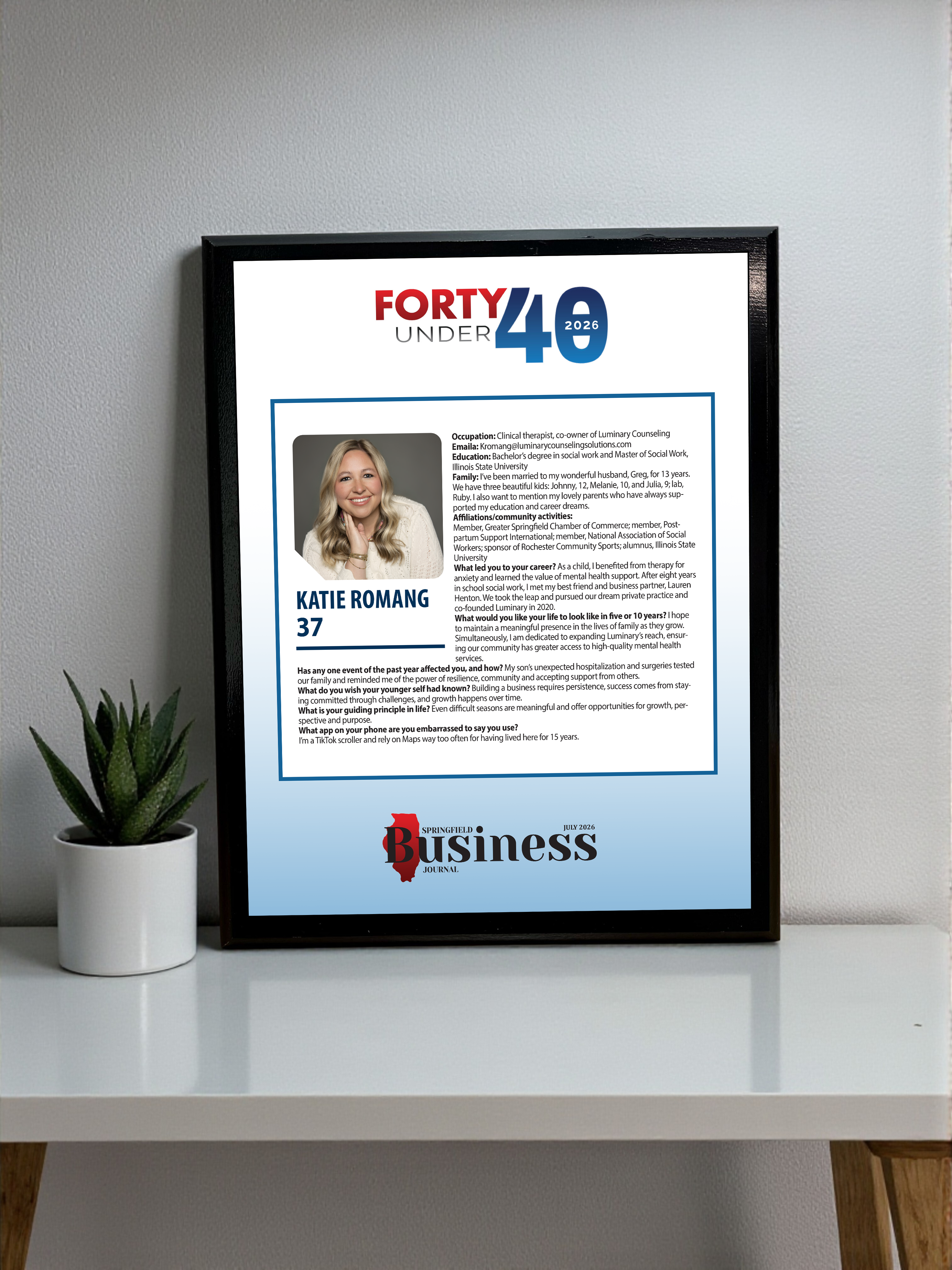Springfield Business Journal - Forty under 40 - Classic Plaque