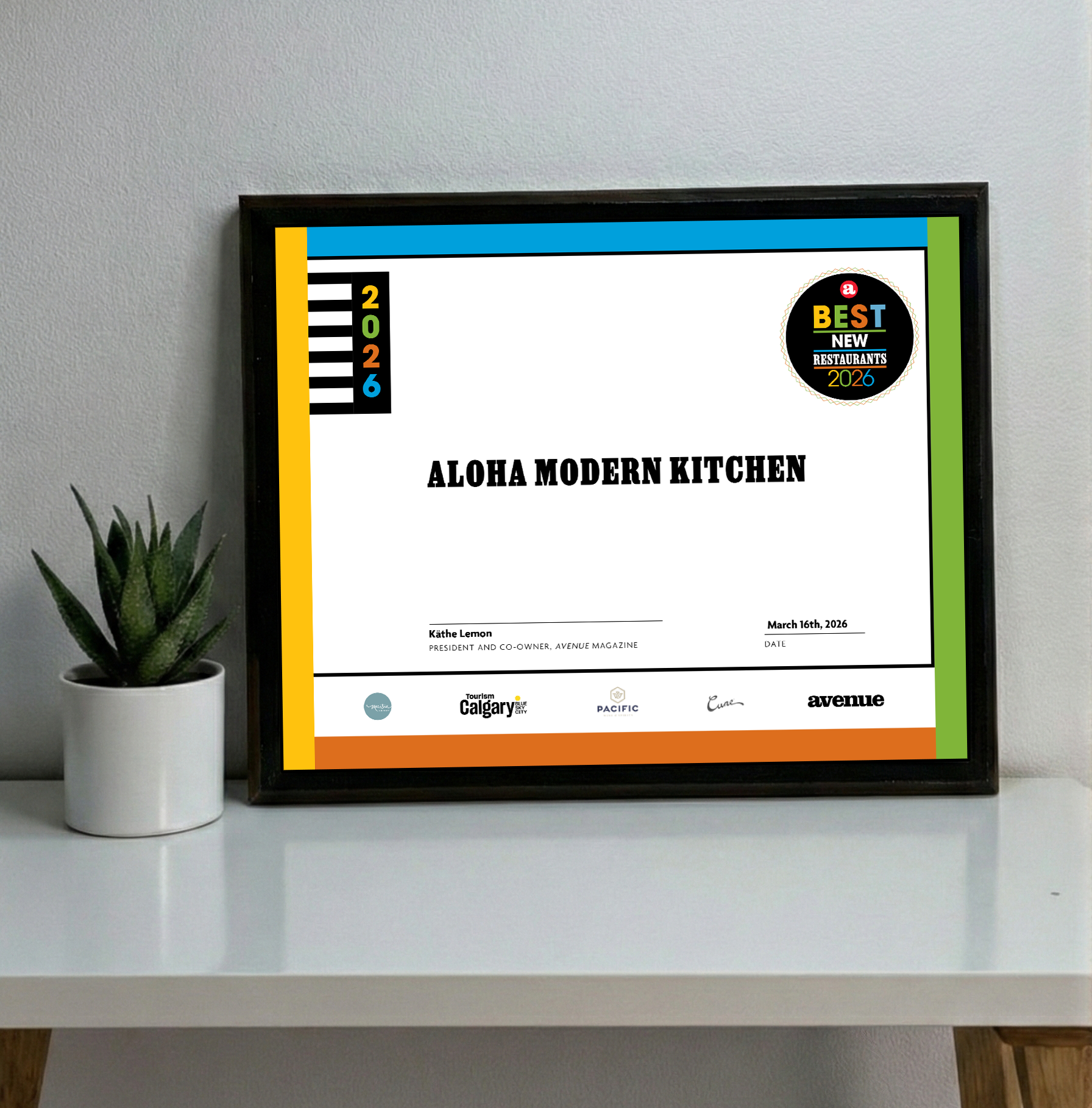 Avenue Magazine - Best New Restaurants - Classic Plaque