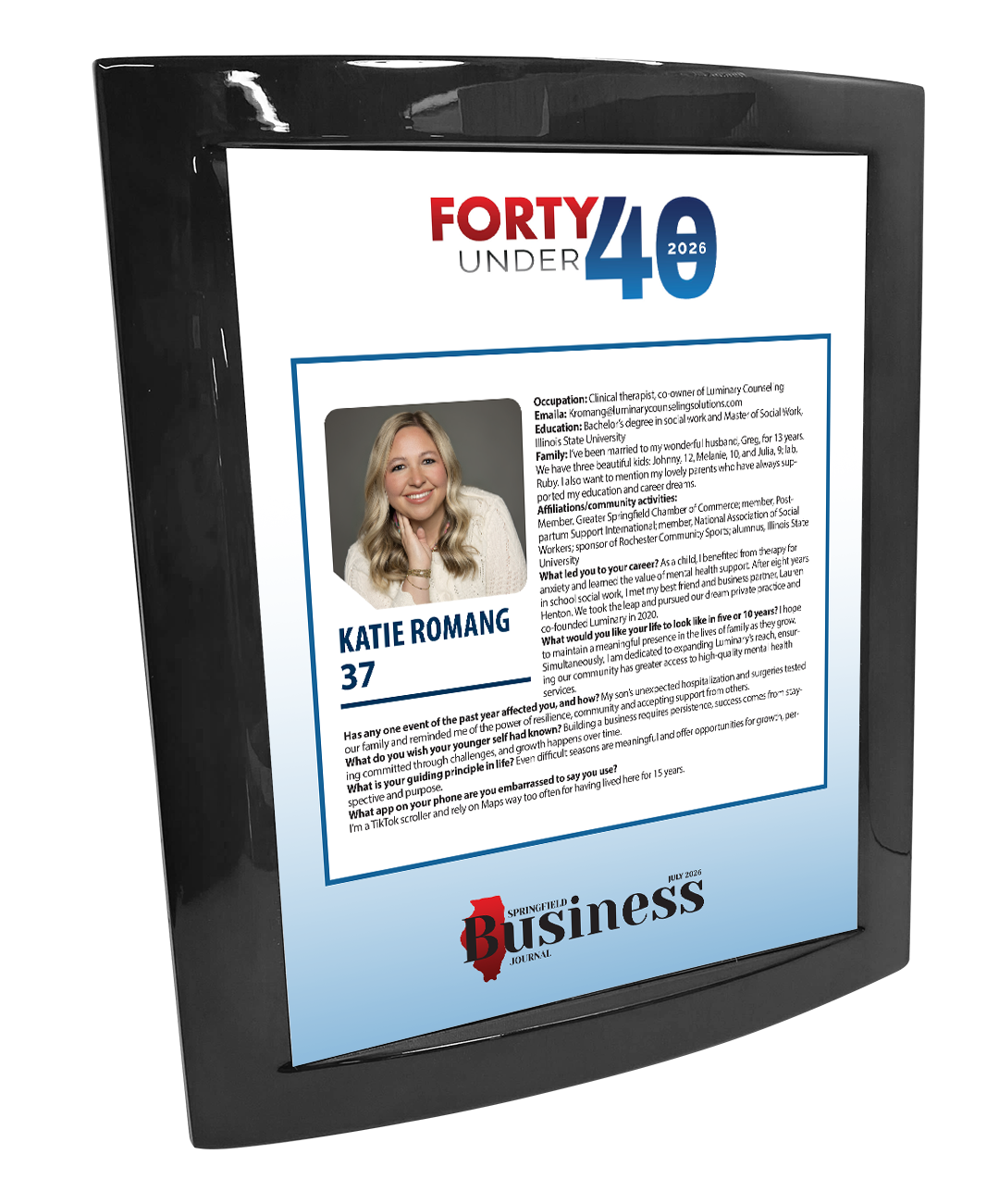 Springfield Business Journal - Forty under 40 - Eclipse Plaque with Metal Inlay