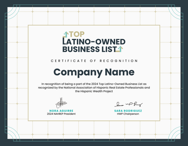 Top Latino Owned Business List Certificate