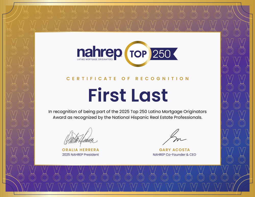 Top 250 Latino Mortgage Originators Certificate