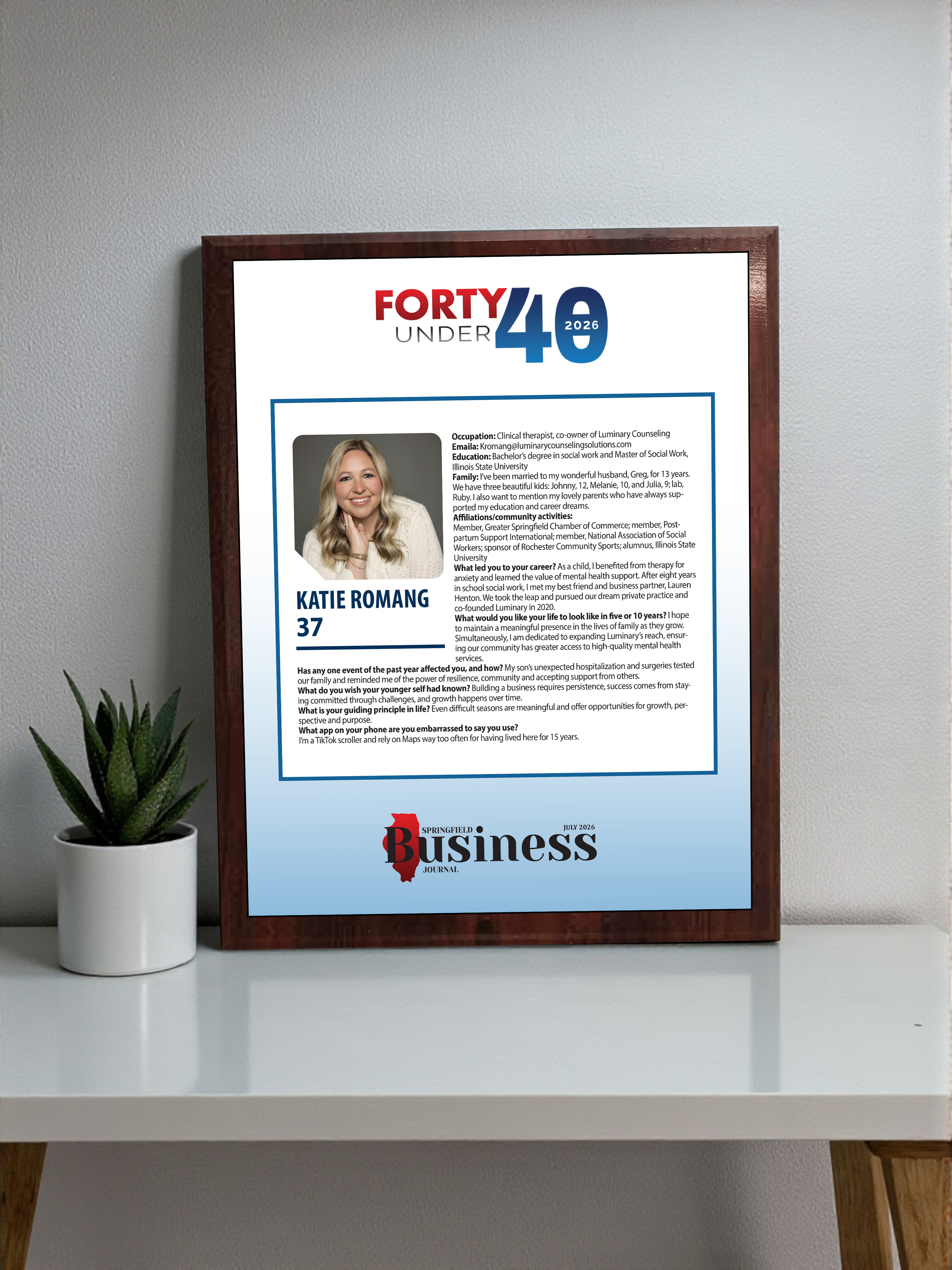 Springfield Business Journal - Forty under 40 - Classic Plaque