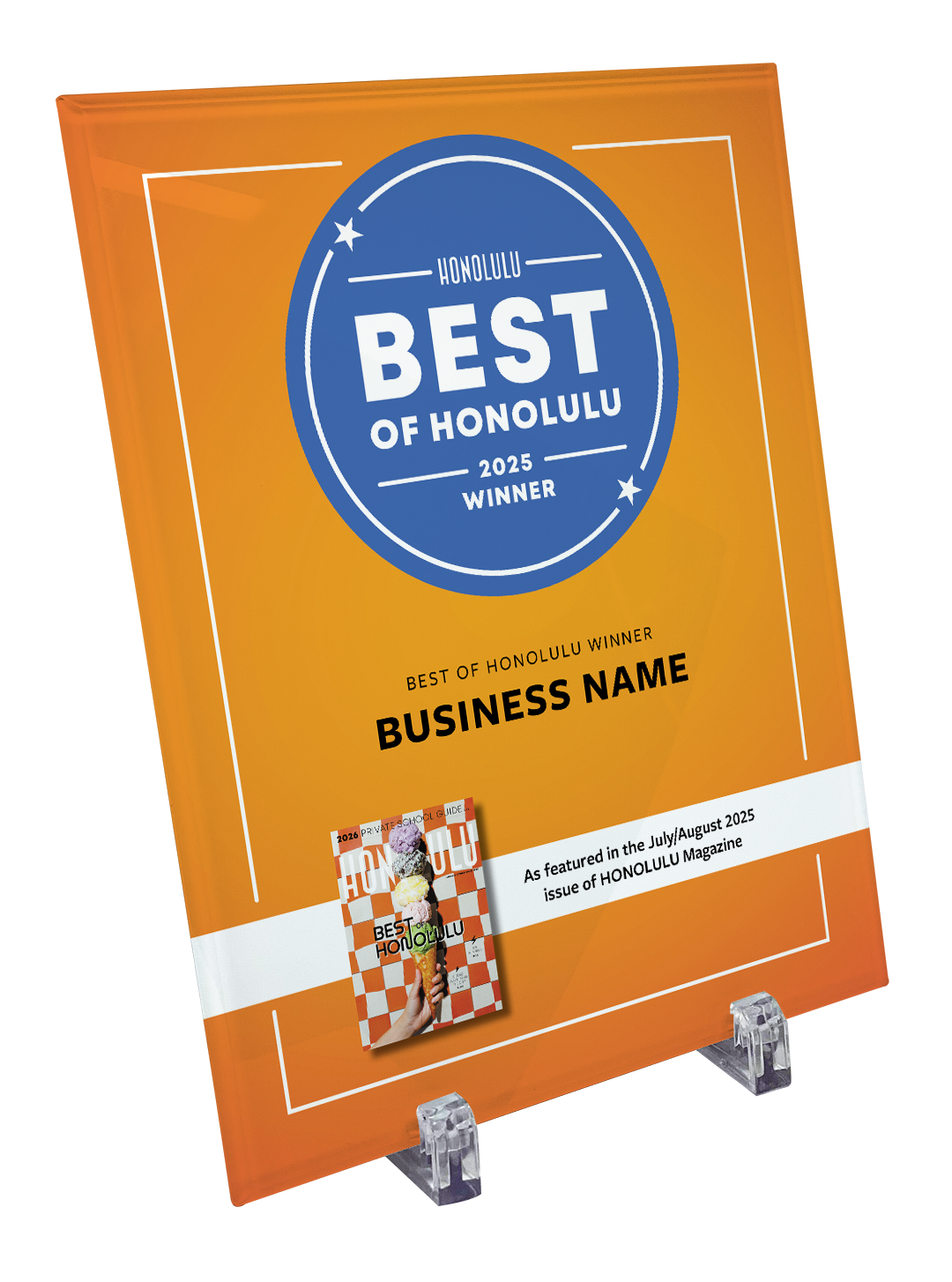 "Best of Honolulu" Award Plaque - Crystal Glass