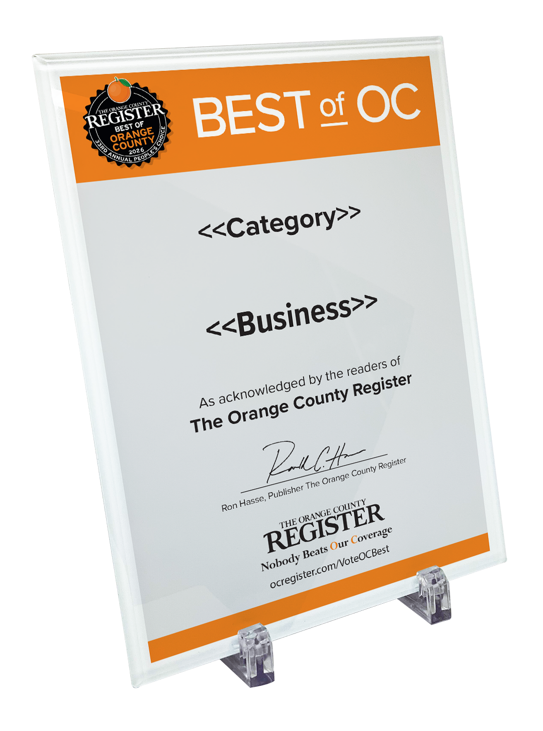 Best Of Orange County Award - Glass Plaque