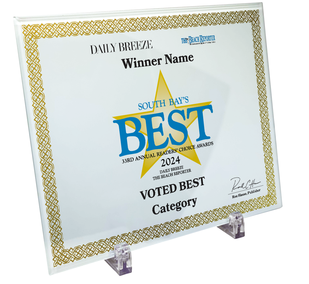 South Bay's Best Of Certificate and Readers Choice - Crystal Plaque