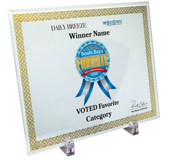 South Bay's Best Of Certificate and Readers Choice - Crystal Plaque