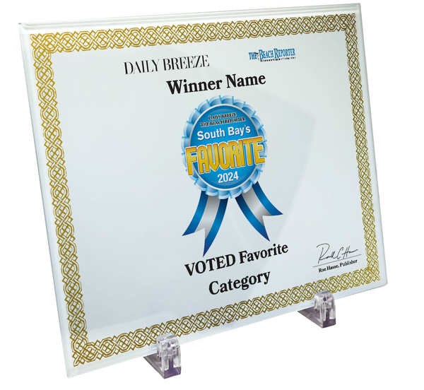 South Bay's Best Of Certificate and Readers Choice - Crystal Plaque