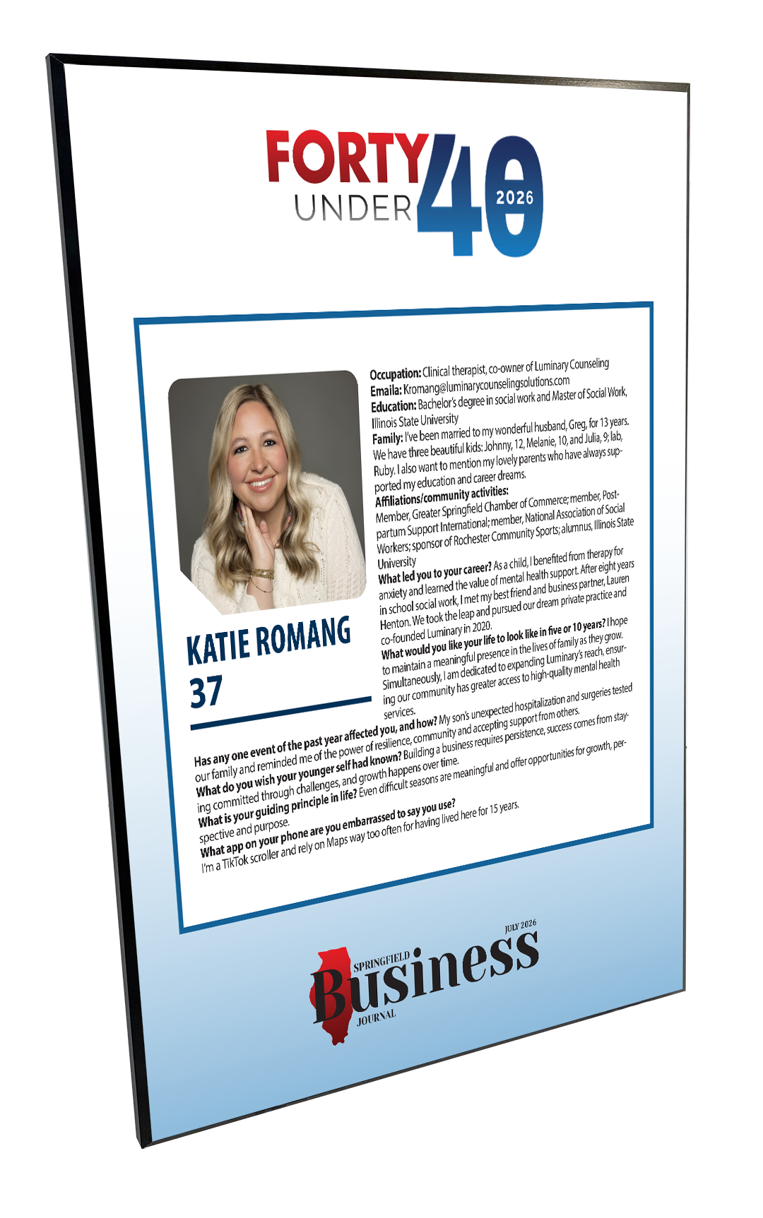Springfield Business Journal - Forty under 40 - Modern Hardi-plaque