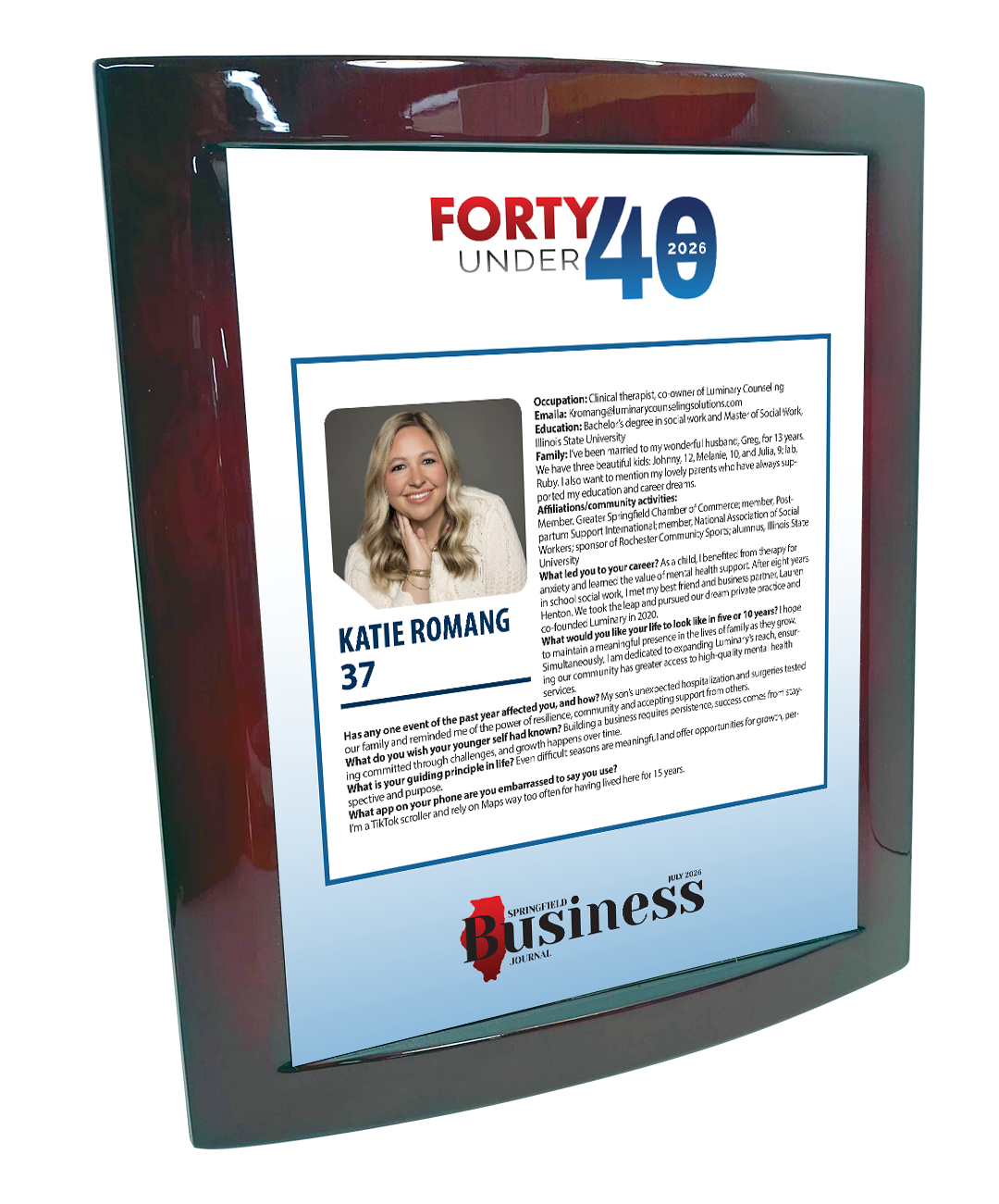 Springfield Business Journal - Forty under 40 - Eclipse Plaque with Metal Inlay