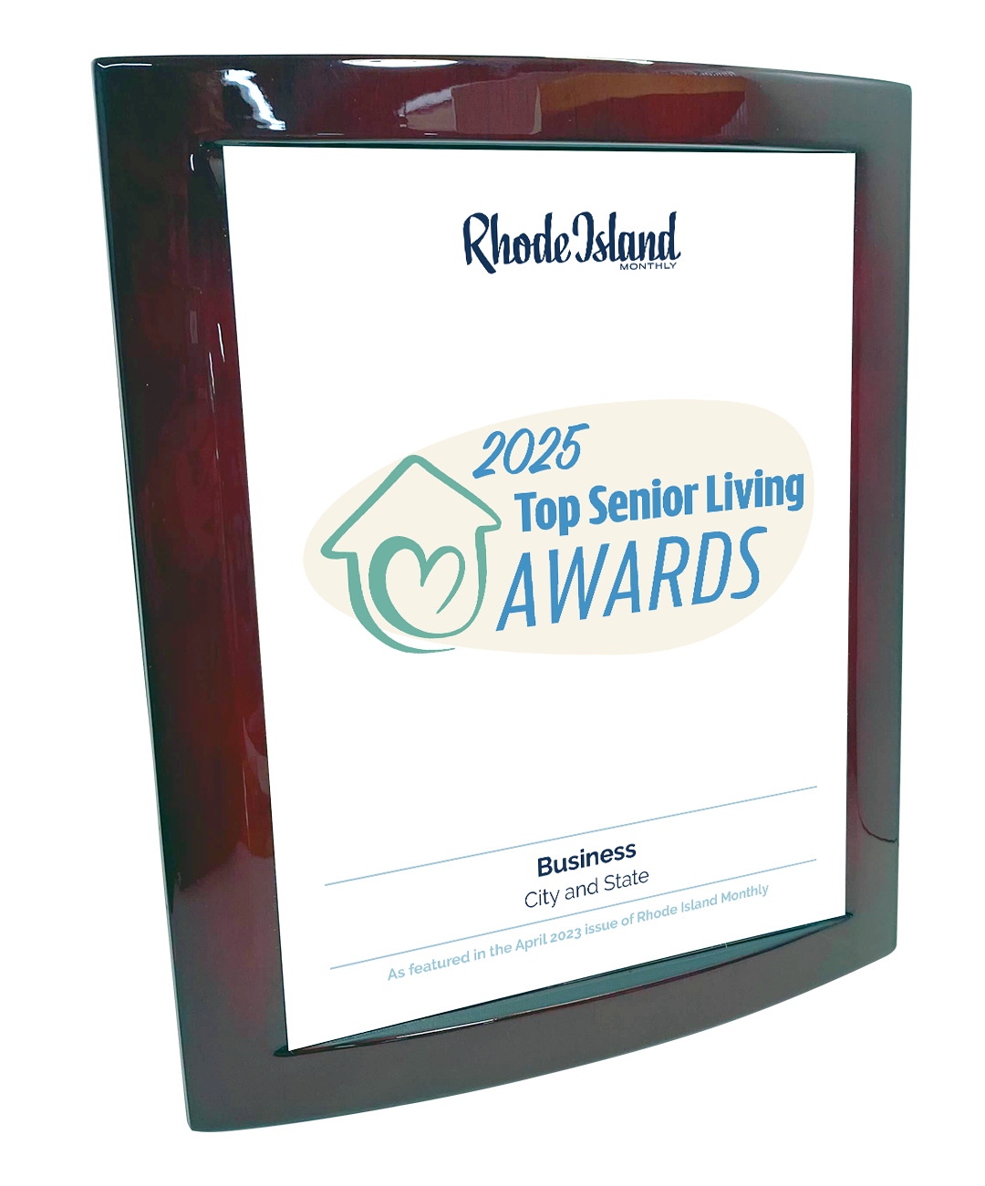 Rhode Island Monthly Top Senior Living Community Award - Rosewood with Metal Inlay