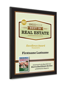 Honolulu Magazine "Best in Real Estate" Award Plaque